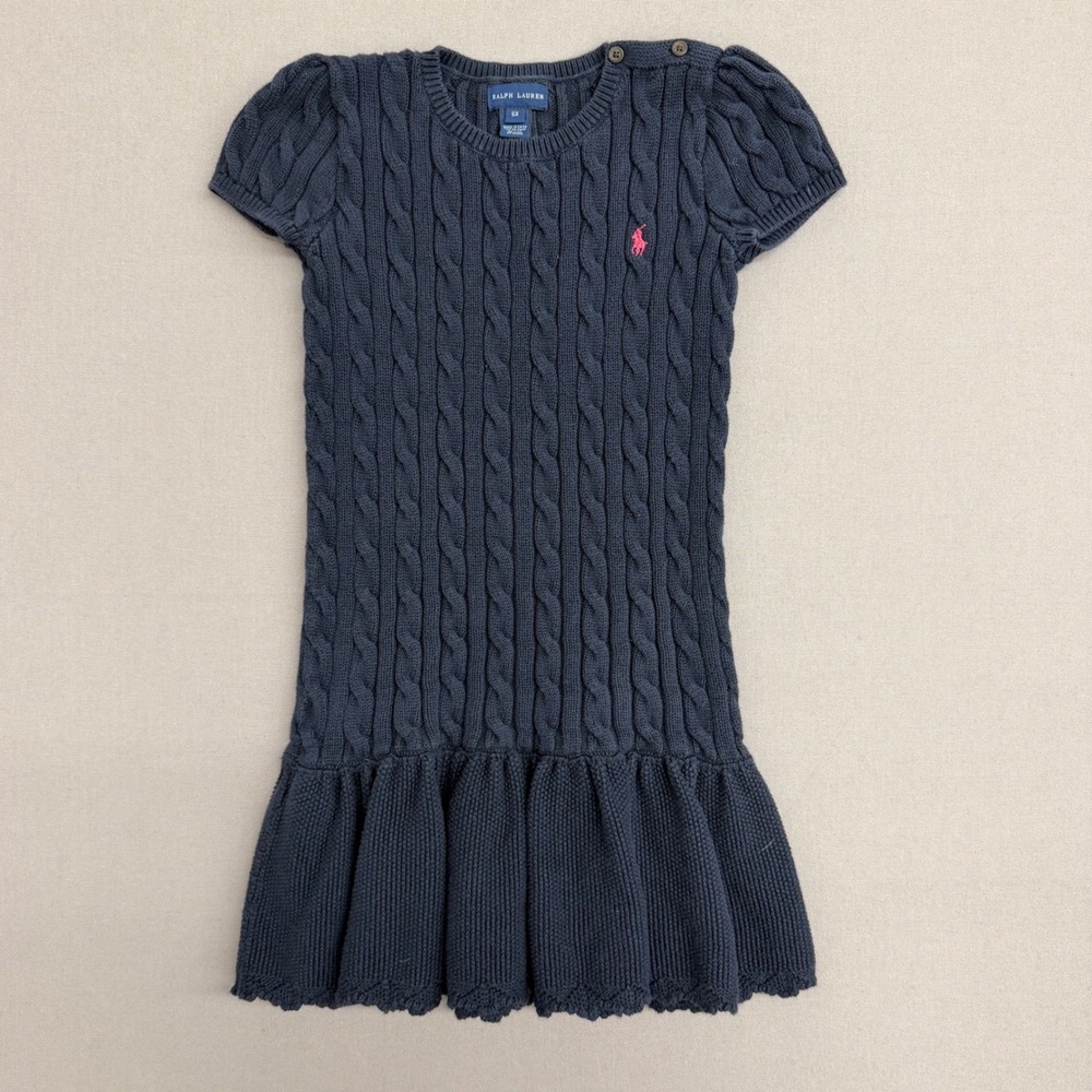 Ralph Lauren Girls Navy Blue Cable Knit Ruffle Hem Sweater Dress Size 6X pony